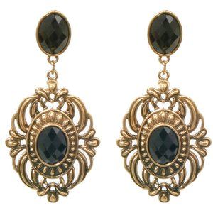 Goldtone Metal Antique Look Black Stone Drop Earrings